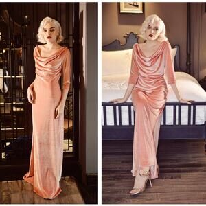 LELASILK Draped Velvet Maxi Dress Apricot Pink {3P6}